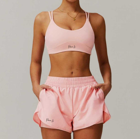 (Pre-Order) SS25 Signature Double Layered Shorts and Sports Bra Set Rose Pink