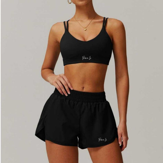 (Pre-Order) SS25 Signature Double Layered Shorts and Sports Bra Set Midnight Black